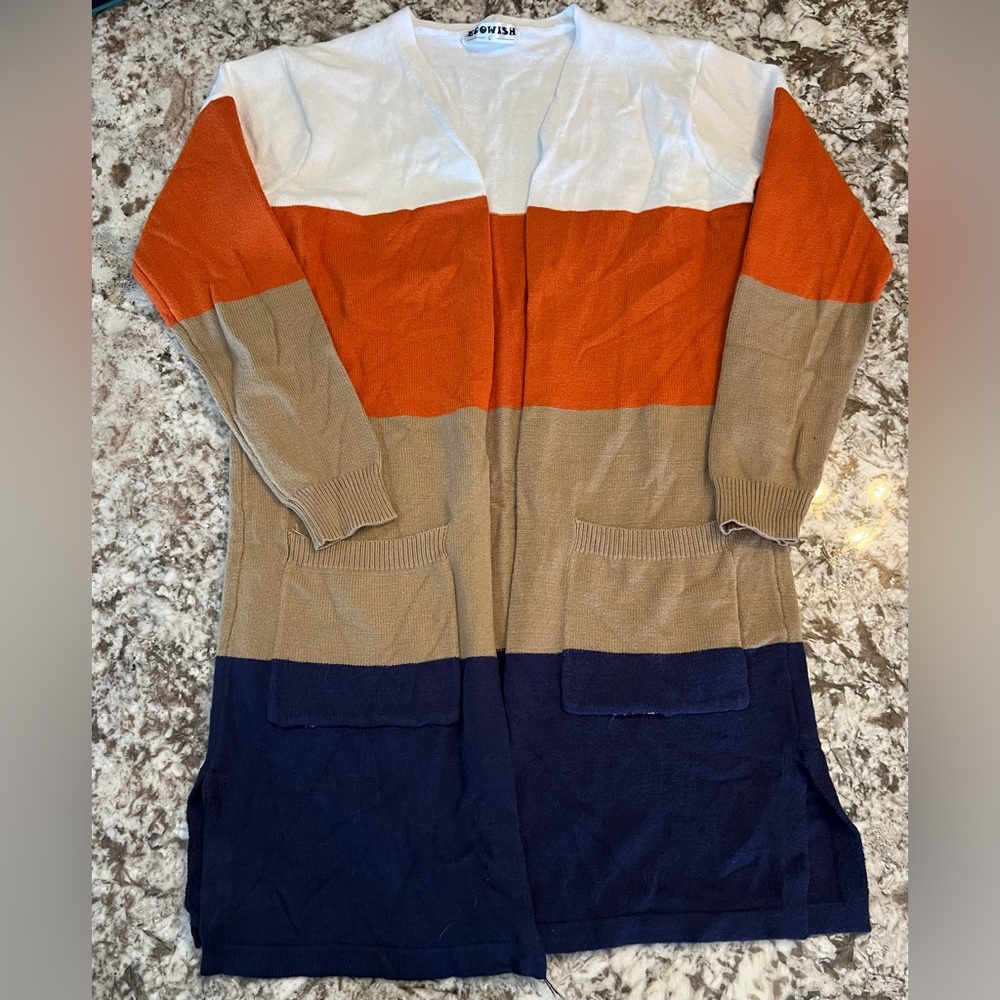 L Color Block Striped Open Front Knit Cardigan with Pockets Fall Winter Clothes